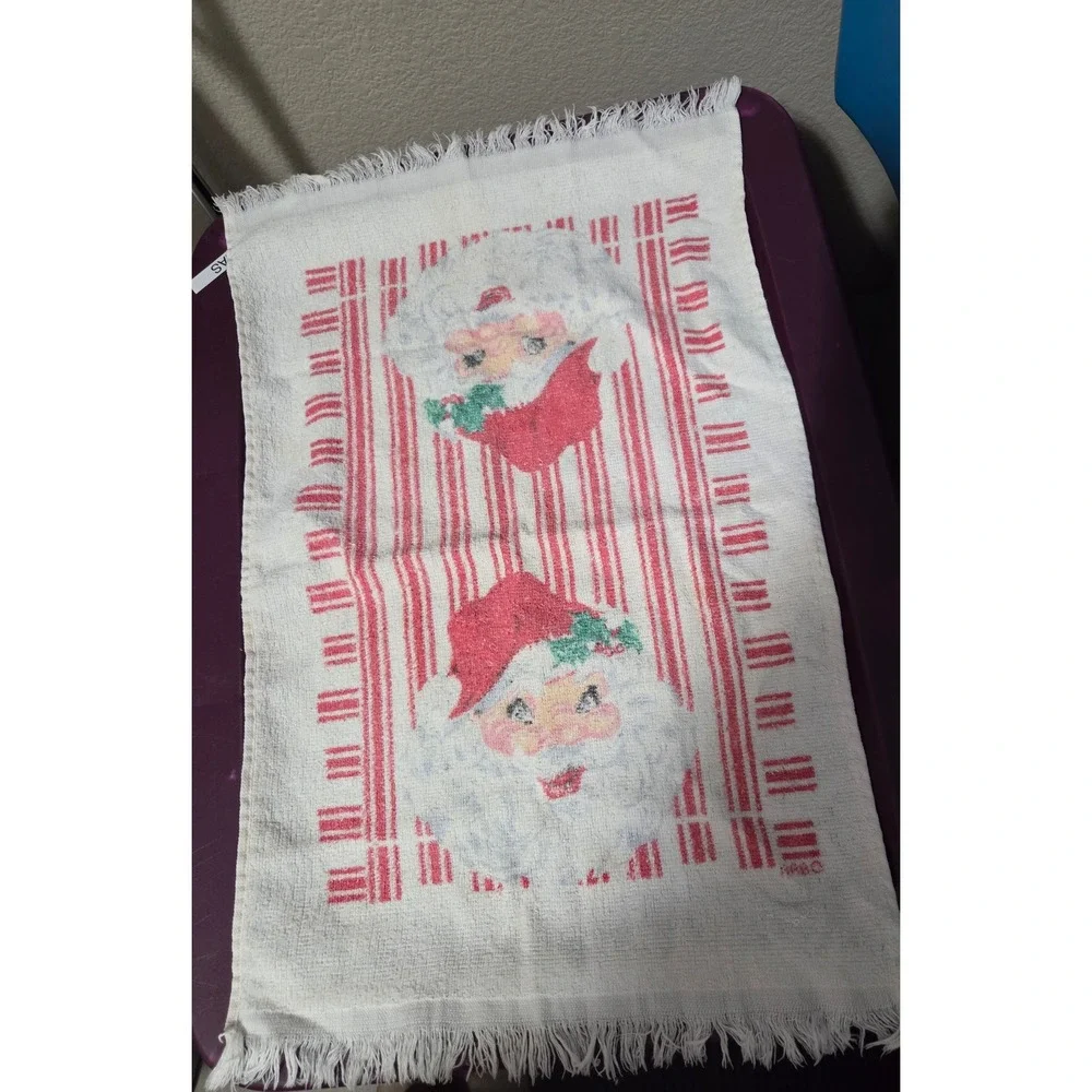 VTG Kitschy Christmas Santa Claus Hand Towel Red Striped Fringe Cotton Terry